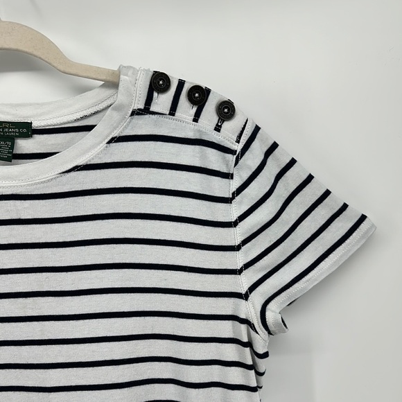 LRL Black&White Striped Short Sleeve T-Shirt Left Shoulder Button Detail Sz XL - Picture 4 of 10